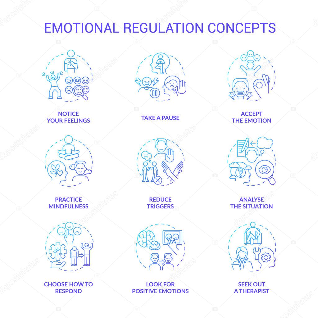 Emotional regulation blue gradient concept icons set. Practical skills. Control and manage feelings idea thin line color illustrations. Isolated symbols. Roboto-Medium, Myriad Pro-Bold fonts used