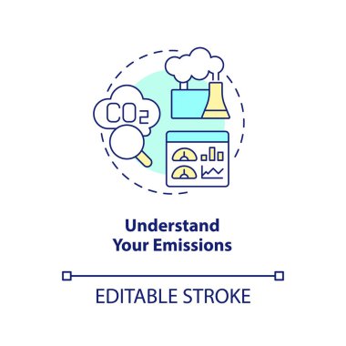 Emisyon konsepti ikonunu anla. Kirlilik kontrolü. Ağ sıfır soyut fikir ince çizgi illüstrasyonuna dönüştürülüyor. İzole bir taslak çizim. Düzenlenebilir felç. Arial, Myriad Pro-Kalın yazı tipleri