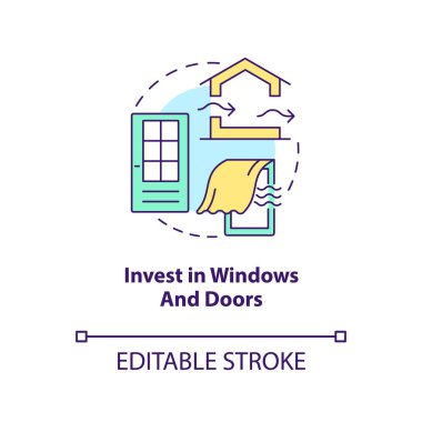 Pencere ve kapı konsept simgesine yatırım yapın. Havalandırma tasarım yaklaşımı soyut fikir ince çizgi çizimi. İzole bir taslak çizim. Düzenlenebilir felç. Arial, Myriad Pro-Kalın yazı tipleri