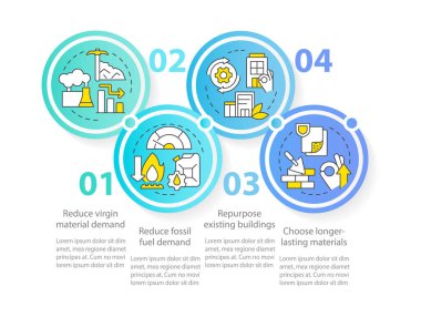 Sıfır strateji çemberi bilgi şablonu. Dekarbonizasyon. Veri görselleştirmesi 4 adımda. Düzenlenebilir zaman çizelgesi. Satır simgeleriyle çalışma akışı düzeni. Kullanılan Myriad Pro-Normal yazı tipi