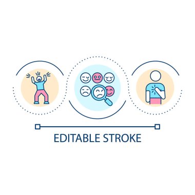 Duygusal durum döngü konsepti ikonunu analiz et. Duygular farkındalık ve kontrol. Korkunun fiziksel belirtileri soyut fikirlerin ince çizgileridir. İzole bir taslak çizim. Düzenlenebilir felç. Kullanılan Arial yazı tipi