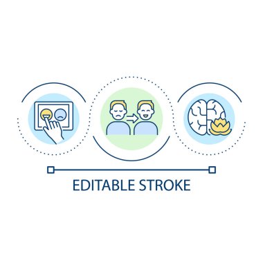 Pozitif duygu döngüsü konsepti ikonuna odaklan. Duyguları ve düşünceleri düzenle. Zihinsel sağlık soyut fikri ince çizgi çizimi. İzole bir taslak çizim. Düzenlenebilir felç. Kullanılan Arial yazı tipi