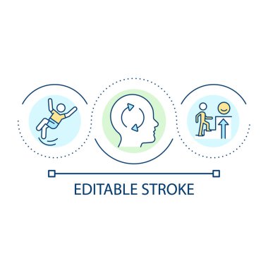 Durum döngü konsepti ikonu yeniden yorumlanıyor. Duygusal düzenleme stratejisi. Pozitif bakış açısına, soyut fikir ince çizgi çizimine odaklan. İzole bir taslak çizim. Düzenlenebilir felç. Kullanılan Arial yazı tipi