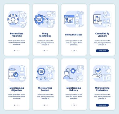 Açık mavi renkli etkili öğretim yaklaşımı mobil uygulama ekranında. Doğrusal kavramlarla düzenlenebilir grafik yönergelerini dört adımda gözden geçir. UI, GUI şablonu. Kullanılan sayısız Pro-Kalın, Düzenli yazı tipleri
