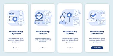 Mikro kazanç bileşenleri seyyar uygulama ekranında açık mavi. Doğrusal kavramlarla düzenlenebilir grafik yönergelerini dört adımda gözden geçir. UI, UX, GUI şablonu. Kullanılan sayısız Pro-Kalın, Düzenli yazı tipleri