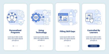 Microlearning yöntemleri seyyar uygulama ekranında açık mavi renkte. Doğrusal kavramlarla düzenlenebilir grafik yönergelerini dört adımda gözden geçir. UI, UX, GUI şablonu. Kullanılan sayısız Pro-Kalın, Düzenli yazı tipleri