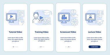 Microtraining video types light blue onboarding mobile app screen. Walkthrough 4 steps editable graphic instructions with linear concepts. UI, UX, GUI template. Myriad Pro-Bold, Regular fonts used