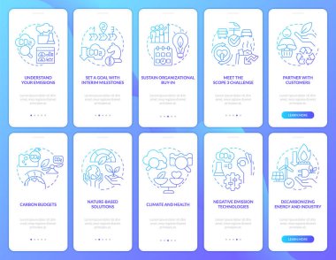 Mobil uygulama ekranındaki net sıfır mavi gradyan 'a geçiliyor. Çevre kirliliği, doğrusal kavramlarla birlikte 5 aşamalı grafik talimatlar. UI, UX, GUI şablonu. Kullanılan sayısız Pro-Kalın, Düzenli yazı tipleri