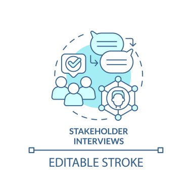 Hissedarlar turkuaz konsept ikonu ile röportaj yaparlar. İçerik tasarımı için araştırma soyut fikir ince çizgi çizimi. İzole bir taslak çizim. Düzenlenebilir felç. Arial, Myriad Pro-Kalın yazı tipleri