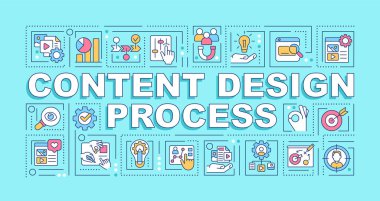 Content design process word concepts blue banner. Analytics. Infographics with editable icons on color background. Isolated typography. Vector illustration with text. Arial-Black font used