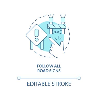 Turkuaz konsept simgesini takip edin. Ticari sürücüler için sürüş güvenliği soyut fikir ince çizgi çizimi. İzole bir taslak çizim. Düzenlenebilir felç. Arial, Myriad Pro-Kalın yazı tipleri