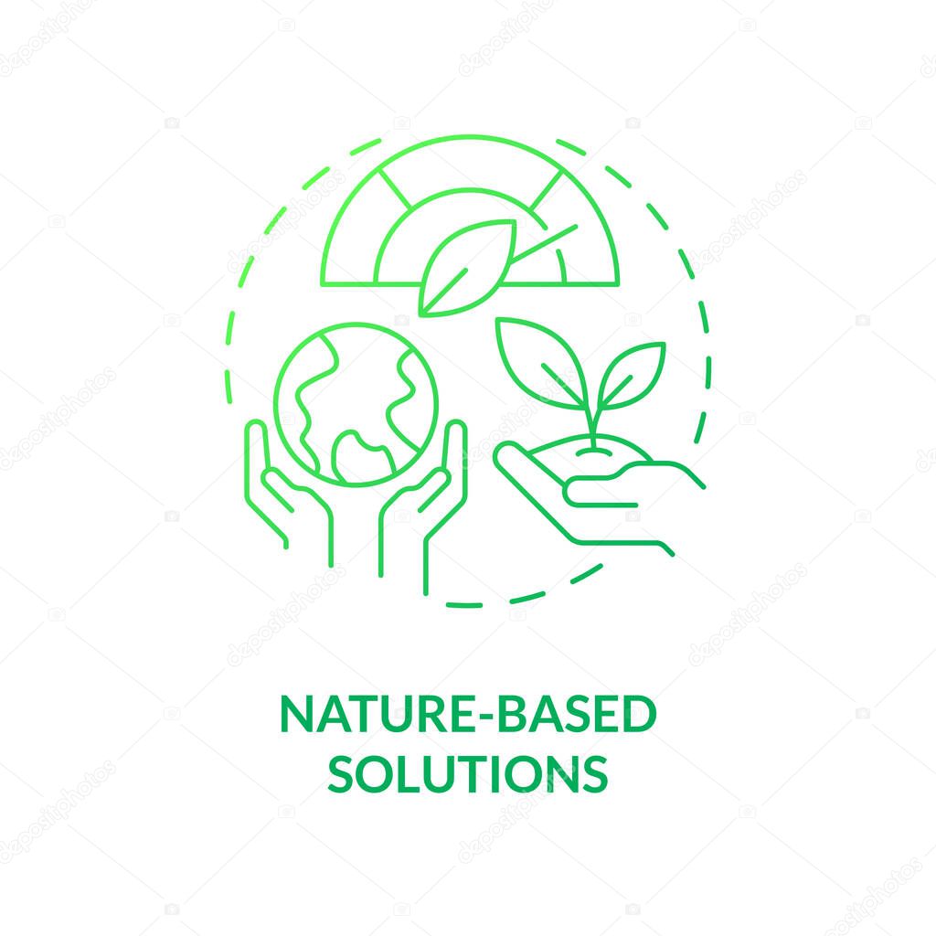 Nature based solutions green gradient concept icon. Dealing with pollutions. Global net zero goal abstract idea thin line illustration. Isolated outline drawing. Myriad Pro-Bold fonts used