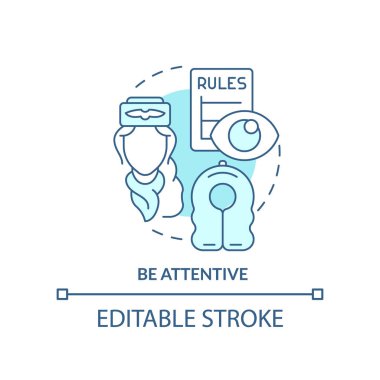 Dikkatli turkuaz konsept ikonu olun. Yolcu güvenliği ipuçları soyut fikir ince çizgi çizimi. Uçak adabı. İzole bir taslak çizim. Düzenlenebilir felç. Arial, Myriad Pro-Kalın yazı tipleri