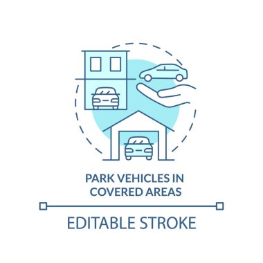 Kapalı alanlarda park araçları turkuaz konsept simgesi. Dolu fırtınası güvenlik soyut fikir ince çizgi çizimi. Ayarlama. İzole bir taslak çizim. Düzenlenebilir felç. Arial, Myriad Pro-Kalın yazı tipleri