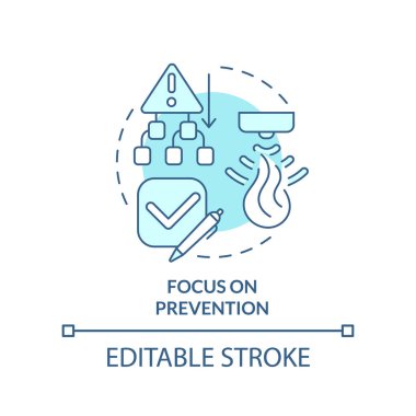 Önleme turkuaz konsept simgesine odaklan. İş dünyasının soyut fikri için felaket hazırlığı ince çizgi çizimi. İzole bir taslak çizim. Düzenlenebilir felç. Arial, Myriad Pro-Kalın yazı tipleri