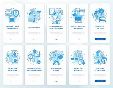 Disasters precautionary measures blue onboarding mobile app screen set. Walkthrough 5 steps editable graphic instruction with linear concepts. UI, UX, GUI template. Myriad Pro-Bold, Regular fonts used