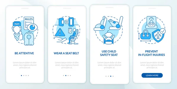 Airplane Passenger Safety Blue Onboarding Mobile App Screen Walkthrough Steps — Vettoriale Stock