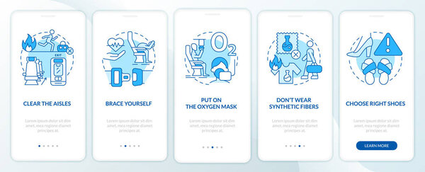 Surviving air accident blue onboarding mobile app screen. Walkthrough 5 steps editable graphic instructions with linear concepts. UI, UX, GUI template. Myriad Pro-Bold, Regular fonts used