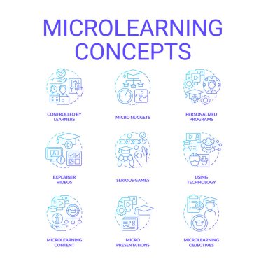 Microlearning blue gradient concept icons set. Effective educational approach idea thin line color illustrations. Personalized programs. Isolated symbols. Roboto-Medium, Myriad Pro-Bold fonts used