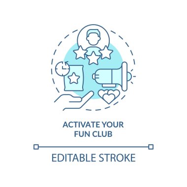 Eğlence kulübü turkuaz konsept ikonunu etkinleştir. Müşteri nişan stratejisi soyut fikir ince çizgi çizimi. İzole bir taslak çizim. Düzenlenebilir felç. Arial, Myriad Pro-Kalın yazı tipleri
