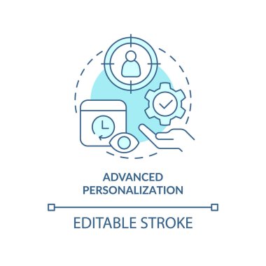Gelişmiş kişiselleştirme turkuaz konsept simgesi. Müşteri nişan platformunda soyut fikir ince çizgili çizimler yer alıyor. İzole bir taslak çizim. Düzenlenebilir felç. Arial, Myriad Pro-Kalın yazı tipleri