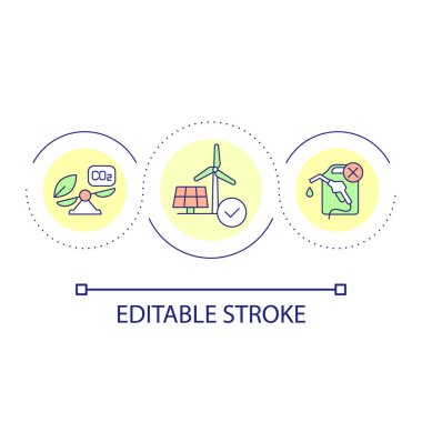 Sürdürülebilir enerji kaynakları döngü konsepti simgesi. Temiz enerji üretimi. Alternatif yakıt fikri ince çizgi çizimi. İzole bir taslak çizim. Düzenlenebilir felç. Kullanılan Arial yazı tipi