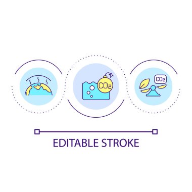 Karbon kirliliği döngüsü kavramının tehlikeli etkisi. Sera etkisi. Küresel ısınma fikri ince çizgi çizimi. İzole bir taslak çizim. Düzenlenebilir felç. Kullanılan Arial yazı tipi
