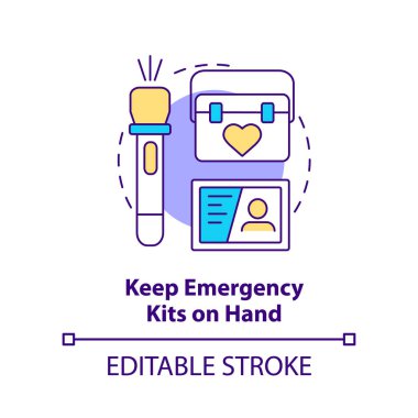 Acil durum çantalarını el konsepti simgesinde tut. Felaket ucu soyut fikir ince çizgi çizimi. İlk yardım malzemeleri. İzole bir taslak çizim. Düzenlenebilir felç. Arial, Myriad Pro-Kalın yazı tipleri