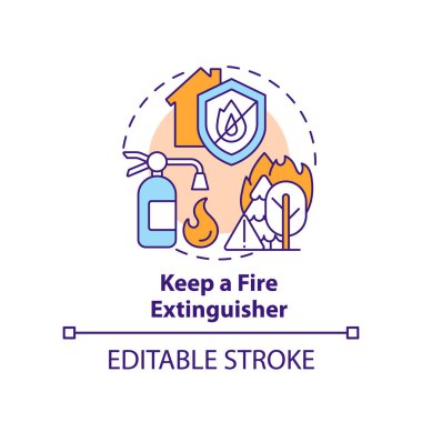 Yangın söndürücü konsept ikonu kalsın. Evde çıkan yangından kurtulma fikri soyut ve ince çizgili çizgiler. Acil durumlar. İzole bir taslak çizim. Düzenlenebilir felç. Arial, Myriad Pro-Kalın yazı tipleri
