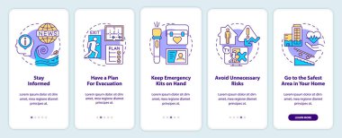 Mobil uygulama ekranında felaket ipuçları. Tahliye için 5 aşamalı düzenlenebilir grafik talimatları ve doğrusal konseptlerle plan yapın. UI, UX, GUI şablonu. Kullanılan sayısız Pro-Kalın, Düzenli yazı tipleri