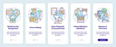 Rüzgar fırtınaları ve kasırga güvenliği mobil uygulama ekranında. Doğrusal kavramlarla düzenlenebilir grafik yönergelerini 5 adımda gezdir. UI, UX, GUI şablonu. Kullanılan sayısız Pro-Kalın, Düzenli yazı tipleri