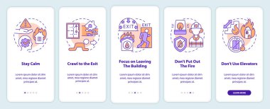 Evacuation from burning building onboarding mobile app screen. Walkthrough 5 steps editable graphic instructions with linear concepts. UI, UX, GUI template. Myriad Pro-Bold, Regular fonts used