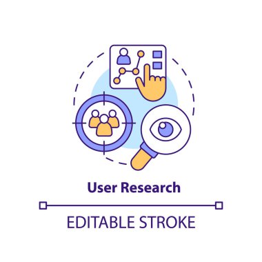 Kullanıcı araştırma konsepti simgesi. Seyirci tecrübesi. İçerik tasarımı için bilgi soyut fikir ince çizgi çizimi. İzole bir taslak çizim. Düzenlenebilir felç. Arial, Myriad Pro-Kalın yazı tipleri