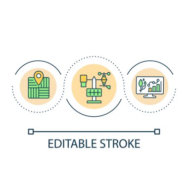 Yenilikçi ekipman döngüsü konsepti ikonu. Tahminler ve tahminler. Çiftçilik ve teknoloji soyut fikir ince çizgi çizimi. İzole bir taslak çizim. Düzenlenebilir felç. Kullanılan Arial yazı tipi