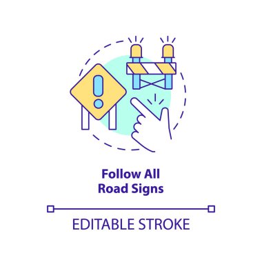Yol işaretleri konsept simgesini takip et. Ticari sürücüler için sürüş güvenliği soyut fikir ince çizgi çizimi. İzole bir taslak çizim. Düzenlenebilir felç. Arial, Myriad Pro-Kalın yazı tipleri