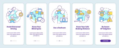 Mobil uygulama ekranında ticari sürücüler için sürüş kuralları. Doğrusal kavramlarla birlikte düzenlenebilir 5 adımda yürü. UI, UX, GUI şablonu. Kullanılan sayısız Pro-Kalın, Düzenli yazı tipleri