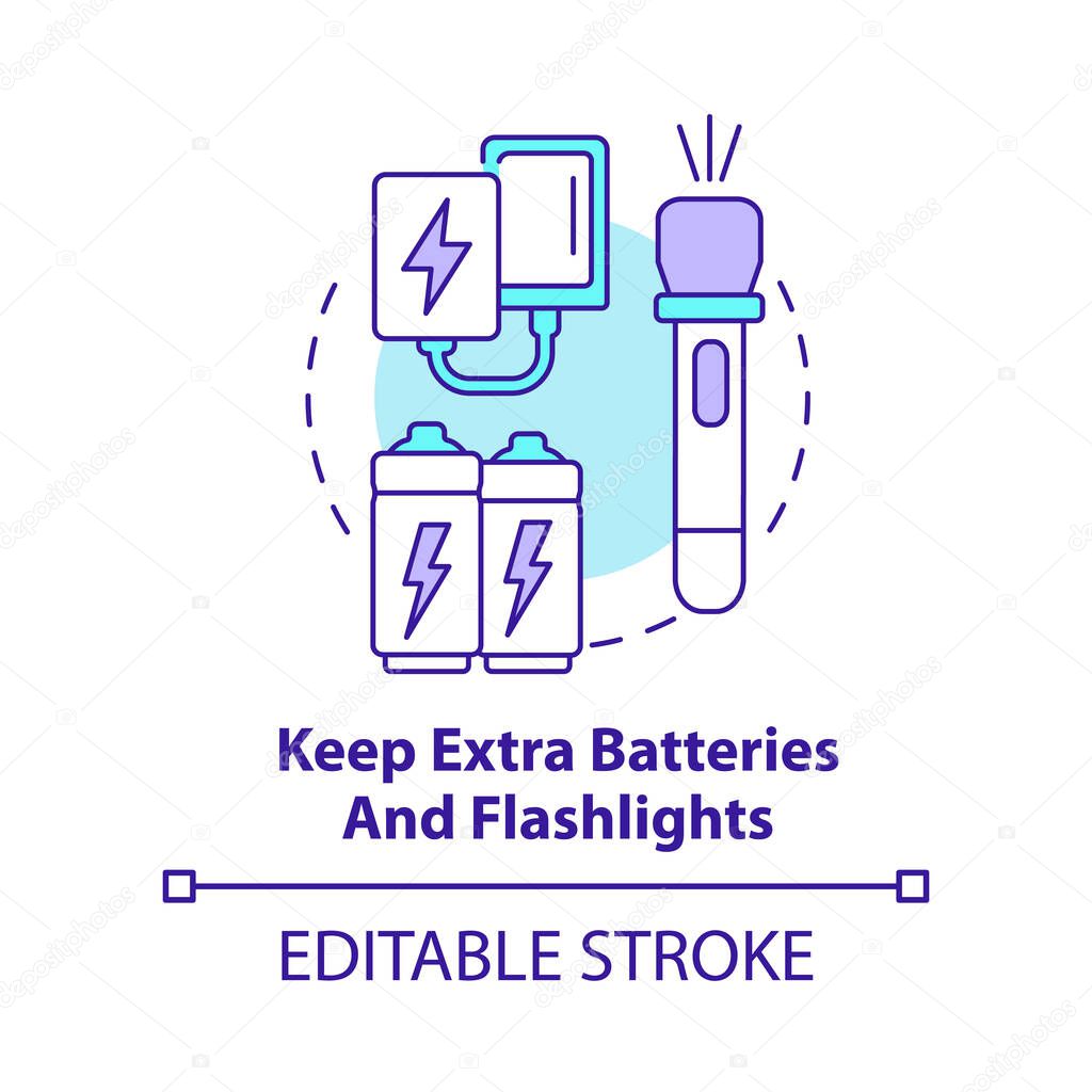 Keep extra batteries and flashlights concept icon. Flood safety measure abstract idea thin line illustration. Isolated outline drawing. Editable stroke. Arial, Myriad Pro-Bold fonts used