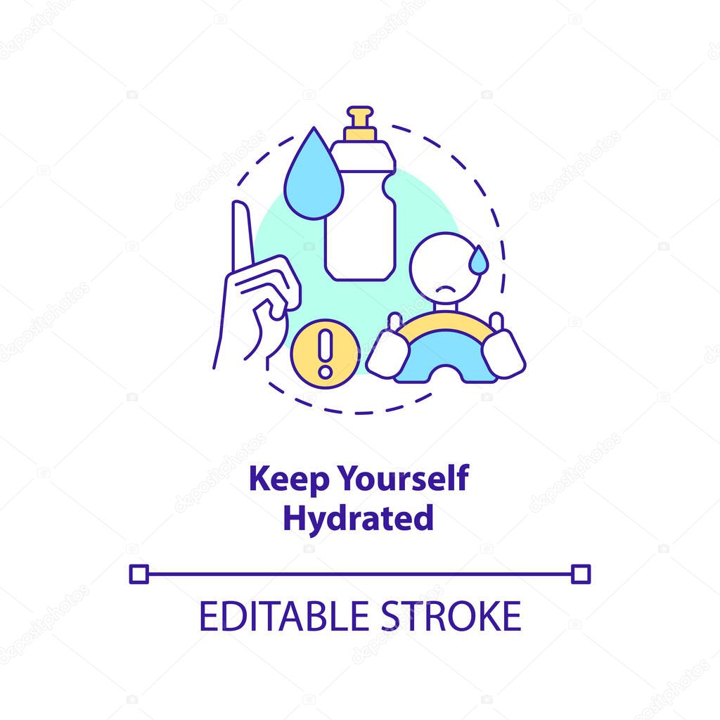 Keep yourself hydrated concept icon. Driving safety for commercial drivers abstract idea thin line illustration. Isolated outline drawing. Editable stroke. Arial, Myriad Pro-Bold fonts used