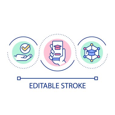 Gezici dost elkazanımlı platform döngü konsepti simgesi. Eğitime erişim soyut fikir ince çizgi çizimi. Dijital öğrenme ortamı. İzole bir taslak çizim. Düzenlenebilir felç. Kullanılan Arial yazı tipi