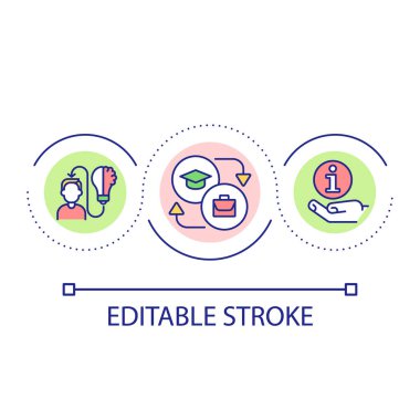 Eğitim ve gelecekteki işyeri döngü konsepti ikonu bağlanıyor. Gerçek hayat deneyimleri soyut fikir ince çizgi çizimi. Çıraklık. İzole bir taslak çizim. Düzenlenebilir felç. Kullanılan Arial yazı tipi