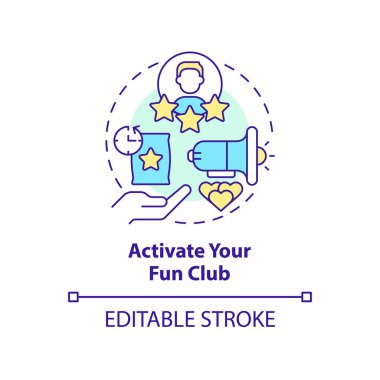 Eğlence kulübü konsepti ikonunu etkinleştir. Marka elçisi. Müşteri nişan stratejisi soyut fikir ince çizgi çizimi. İzole bir taslak çizim. Düzenlenebilir felç. Arial, Myriad Pro-Kalın yazı tipleri