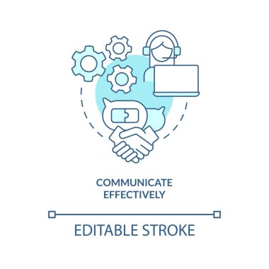 Etkin bir turkuaz konsept simgesi ile iletişim kurun. Lojistik, soyut, ince çizgi çizimi üzerindeki etkili sonuçlara değiniliyor. İzole bir taslak çizim. Düzenlenebilir felç. Arial, Myriad Pro-Kalın yazı tipleri