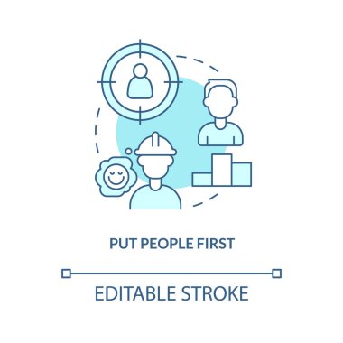 İnsanları önce turkuaz konsept simgesine koy. Çalışanları destekleyin. Tedarik zinciri önceliği soyut fikir ince çizgi çizimi. İzole bir taslak çizim. Düzenlenebilir felç. Arial, Myriad Pro-Kalın yazı tipleri