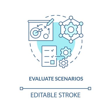 Turkuaz konsept ikonunu değerlendir. İşletim ölçümleri. Tedarik zinciri önceliği soyut fikir ince çizgi çizimi. İzole bir taslak çizim. Düzenlenebilir felç. Arial, Myriad Pro-Kalın yazı tipleri
