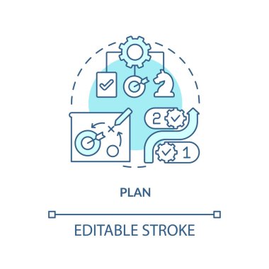 Turkuaz konsept simgesi planlayın. Kontrol işlemleri. Tedarik zinciri yönetiminin bileşeni soyut fikir ince çizgi çizimi. İzole bir taslak çizim. Düzenlenebilir felç. Arial, Myriad Pro-Kalın yazı tipleri