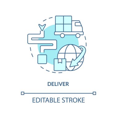 Turkuaz konsept ikonu dağıtın. Ulaşım. Tedarik zinciri yönetiminin bileşeni soyut fikir ince çizgi çizimi. İzole bir taslak çizim. Düzenlenebilir felç. Arial, Myriad Pro-Kalın yazı tipleri