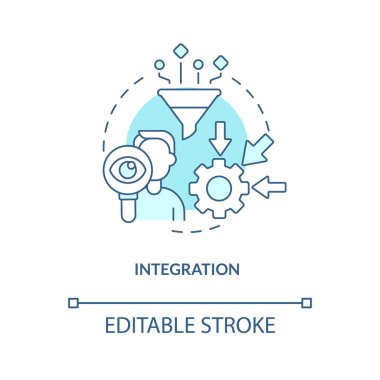 Bütünleşme turkuaz konsept simgesi. İş süreci. Tedarik zinciri yönetim unsuru soyut fikir ince çizgi çizimi. İzole bir taslak çizim. Düzenlenebilir felç. Arial, Myriad Pro-Kalın yazı tipleri