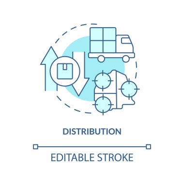 Dağıtım turkuvaz konsept simgesi. Lojistik. Tedarik zinciri yönetimi fikri soyut ince çizgi çizimi. İzole bir taslak çizim. Düzenlenebilir felç. Arial, Myriad Pro-Kalın yazı tipleri