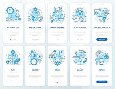 Supply chain priorities blue onboarding mobile app screen set. Walkthrough 5 steps editable graphic instructions with linear concepts. UI, UX, GUI template. Myriad Pro-Bold, Regular fonts used