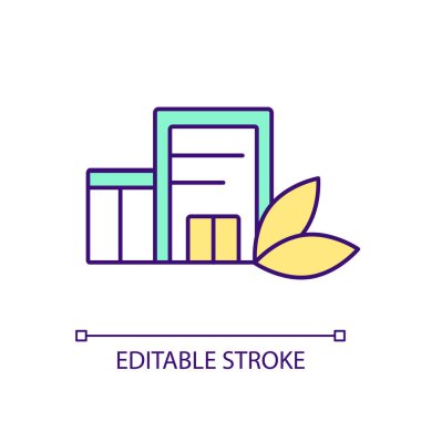 Ekolojik bina RGB renk simgesi. Temiz ve uzun ömürlü inşaat malzemeleri. Sürdürülebilir endüstri. İzole vektör çizimi. Basit bir çizgi çizimi. Düzenlenebilir felç. Kullanılan Arial yazı tipi